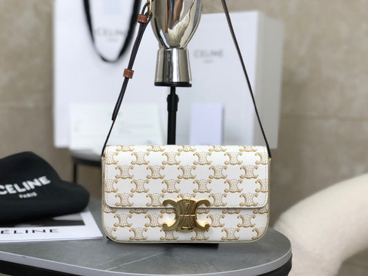 CELINE Triomphe Shoulder Bag In Triomphe Canvas And Calfskin White 20 x 10 x 4 cm