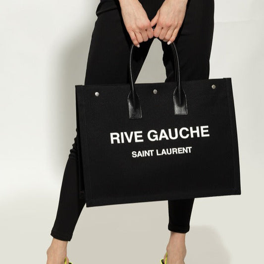 Saint Laurent Paris Rive Gauche Canvas Tote Bag Cotton NOIR ET BLANC 18.8 X 14.1 X 6.2 IN