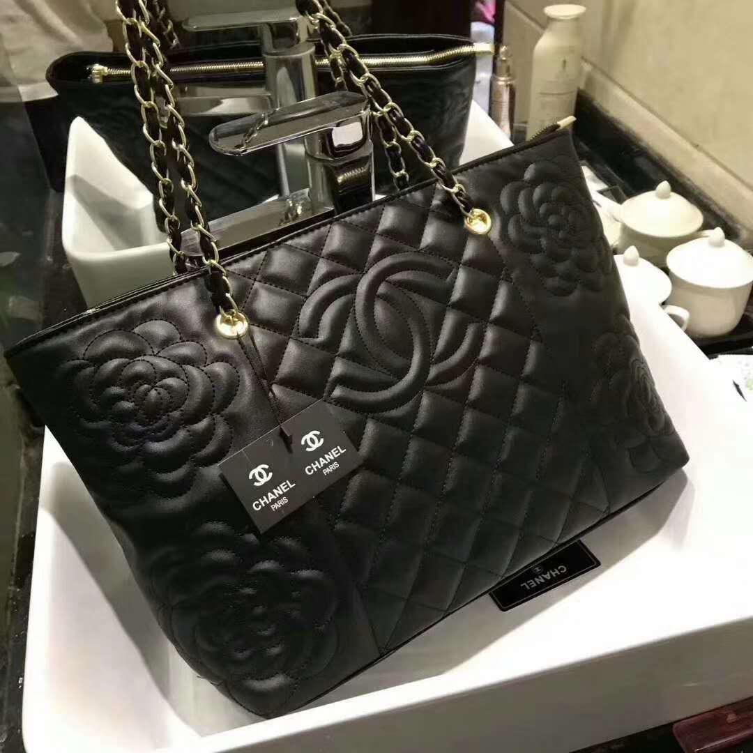 CHANEL Rosaire « Florence » Sheepskin Leather Tote Bag With Camellia Pattern Black  W35 x H26 x D12 CM
