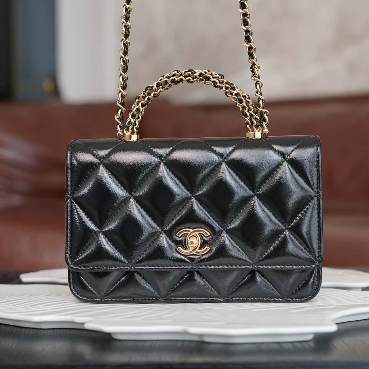 Chanel 24B WOC Top Handle in Black Shiny Lambskin GHW